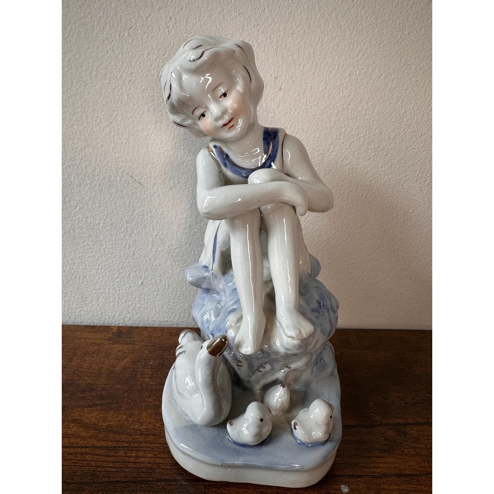 Vintage Blue White Porcelain Girl Ducks Figurine | 7" Mid-Century Ceramic Decor